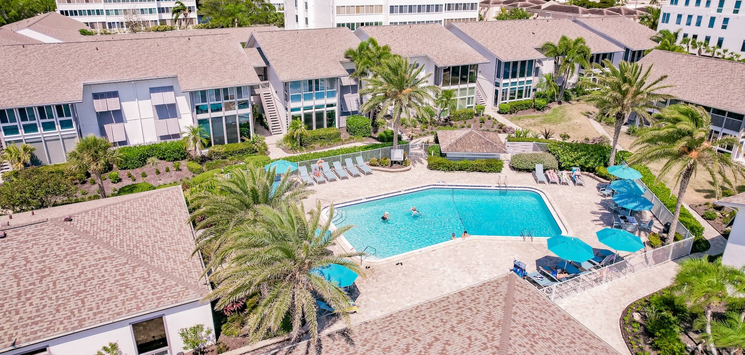 aerial view of curve-shaped pool at Casa Mar